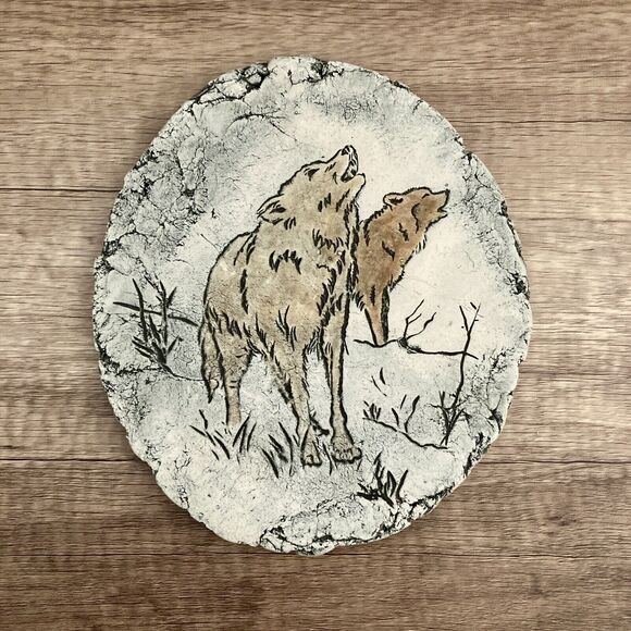 Shapes Of Clay Plaque Howling Wolves Artist Signed Stan Langtwait Volcanic Ash - Picture 1 of 7